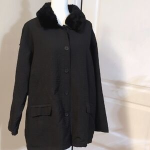 Kim Rogers Black Quilted Jacket. Removable Faux Fur Collar. Plus Size 2X. NEW